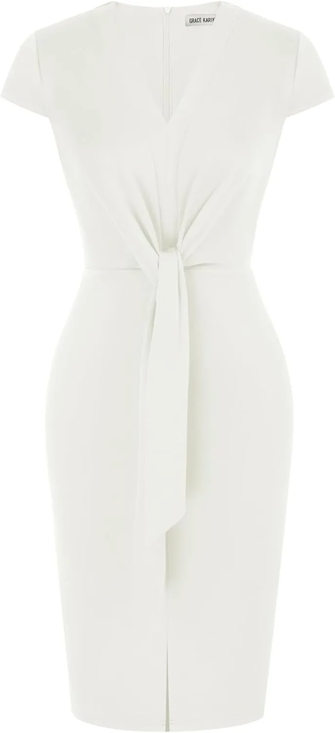 GRACE KARIN Women's Summer Midi Dresses Cap Sleeve Tie Waist Work Dress Slit V-Neck Bodycon Dress Business Casual Outfits