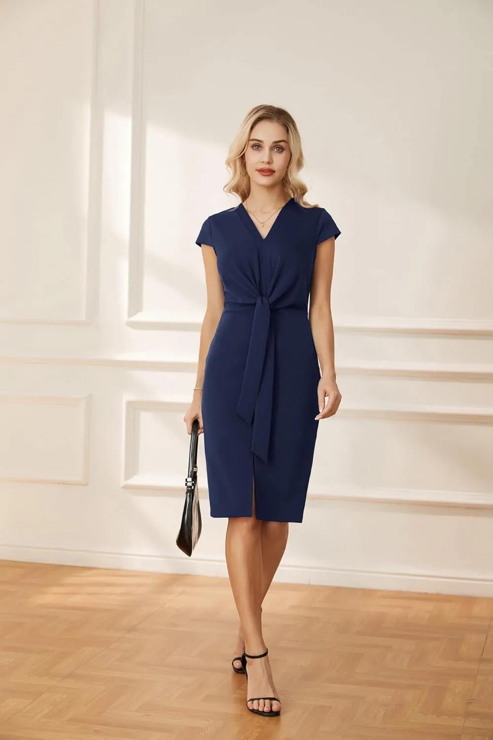 GRACE KARIN Women's Summer Midi Dresses Cap Sleeve Tie Waist Work Dress Slit V-Neck Bodycon Dress Business Casual Outfits