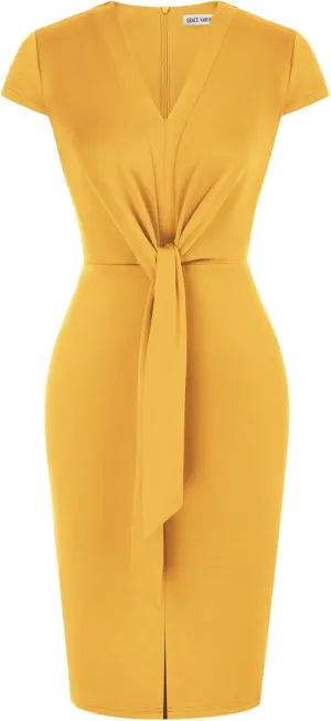 GRACE KARIN Women's Summer Midi Dresses Cap Sleeve Tie Waist Work Dress Slit V-Neck Bodycon Dress Business Casual Outfits