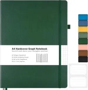 Graph Paper Notebook, Hardcover Notebook 8.5 x 11, Grid Notebook Journal for Women, Men, Large Leather Journals for Writing, Thick Paper, A4 Notebooks for Work, School Supplies, Engineering Green