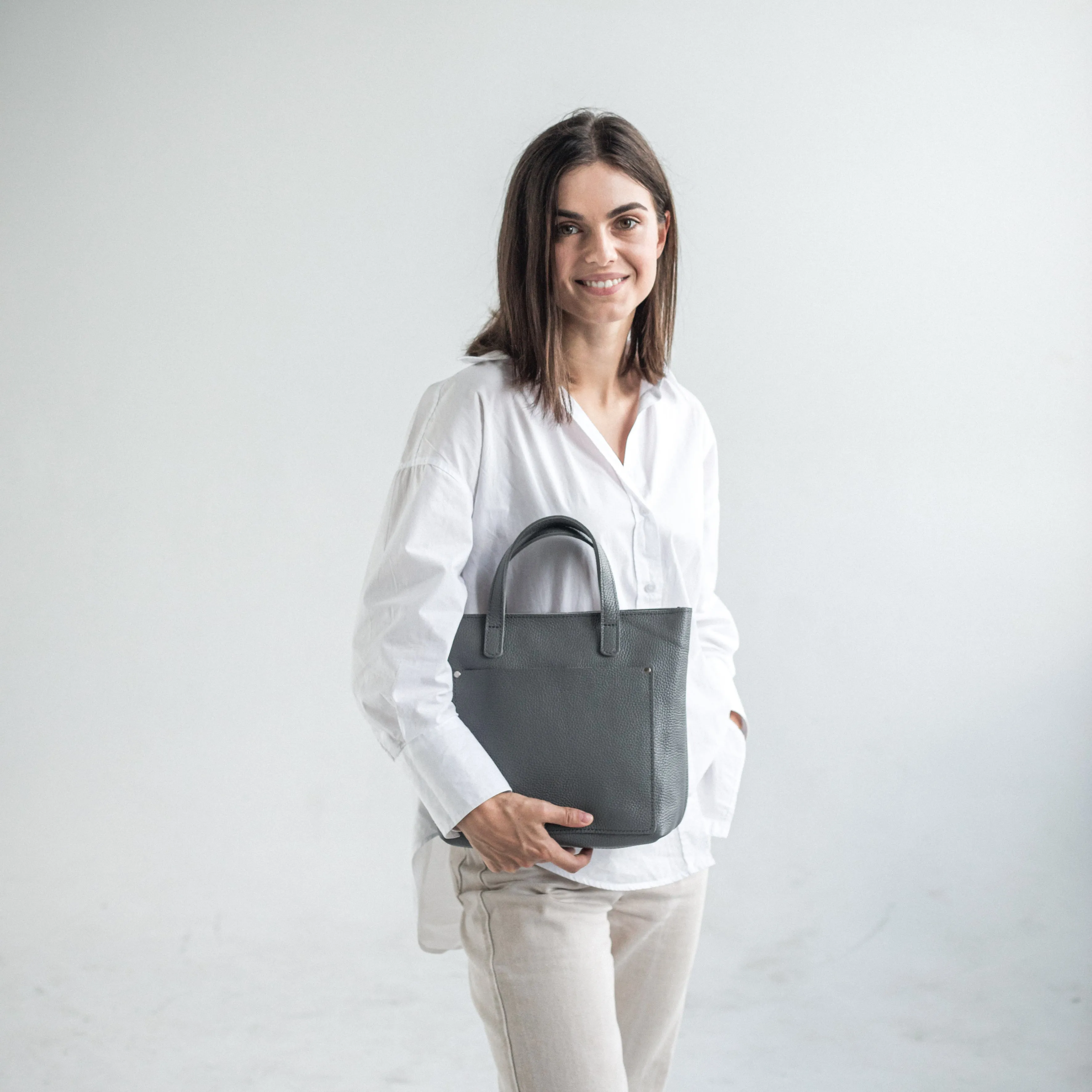 Gray pebbled leather mini tote bag