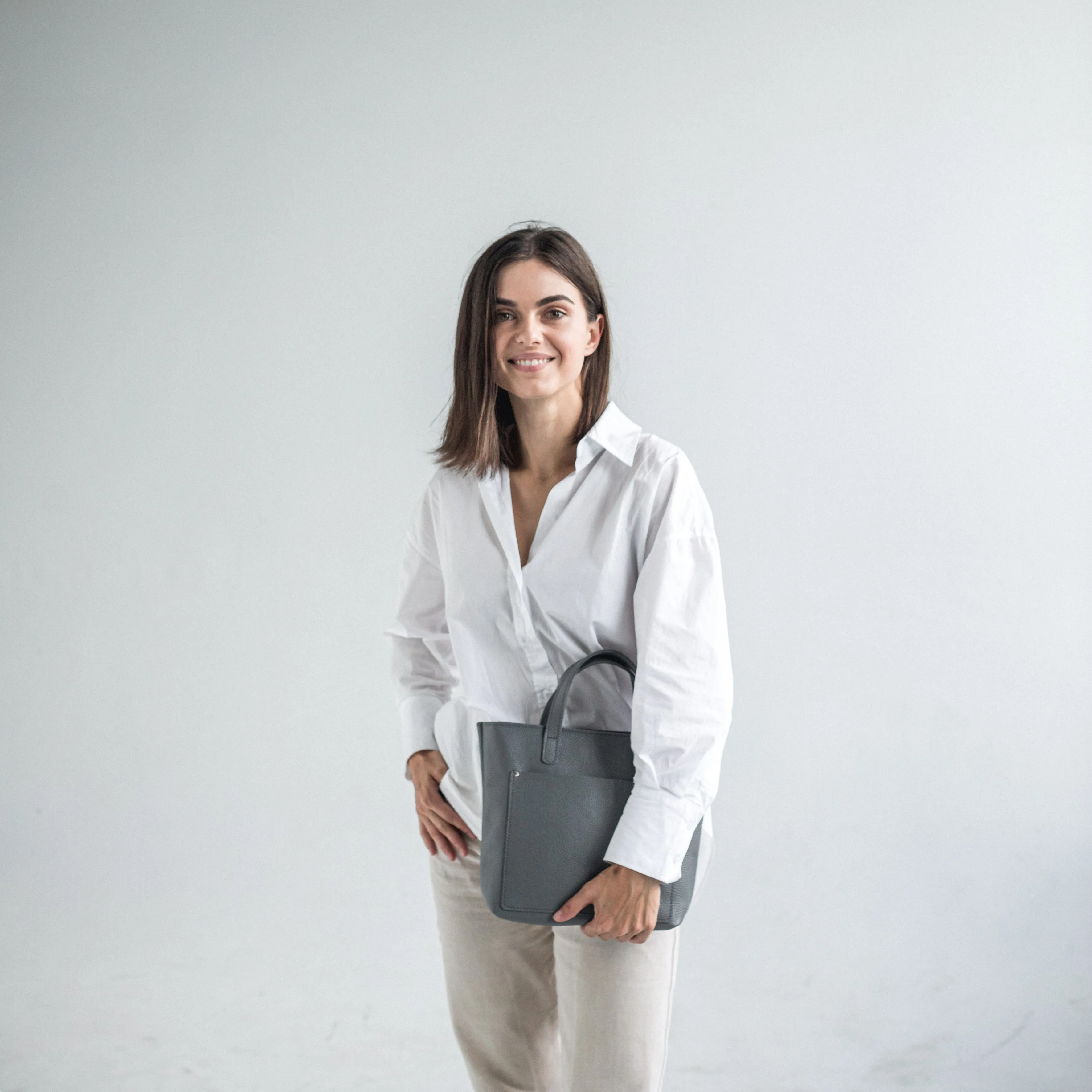 Gray pebbled leather mini tote bag