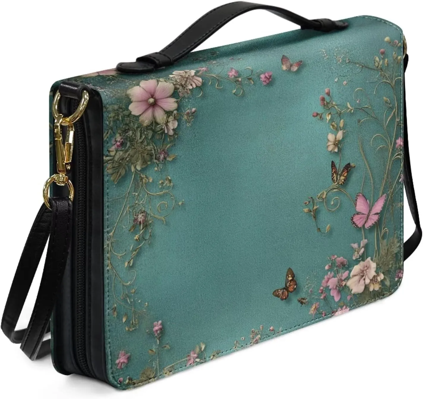 Green Bible Case Covers PU Leather Bible Carrying Holder with Handle and Zipper Pocket Study Bible Case for Women Crossbody Shoulder Bag,Colourful Butterflies and Pink Flowers,2XL
