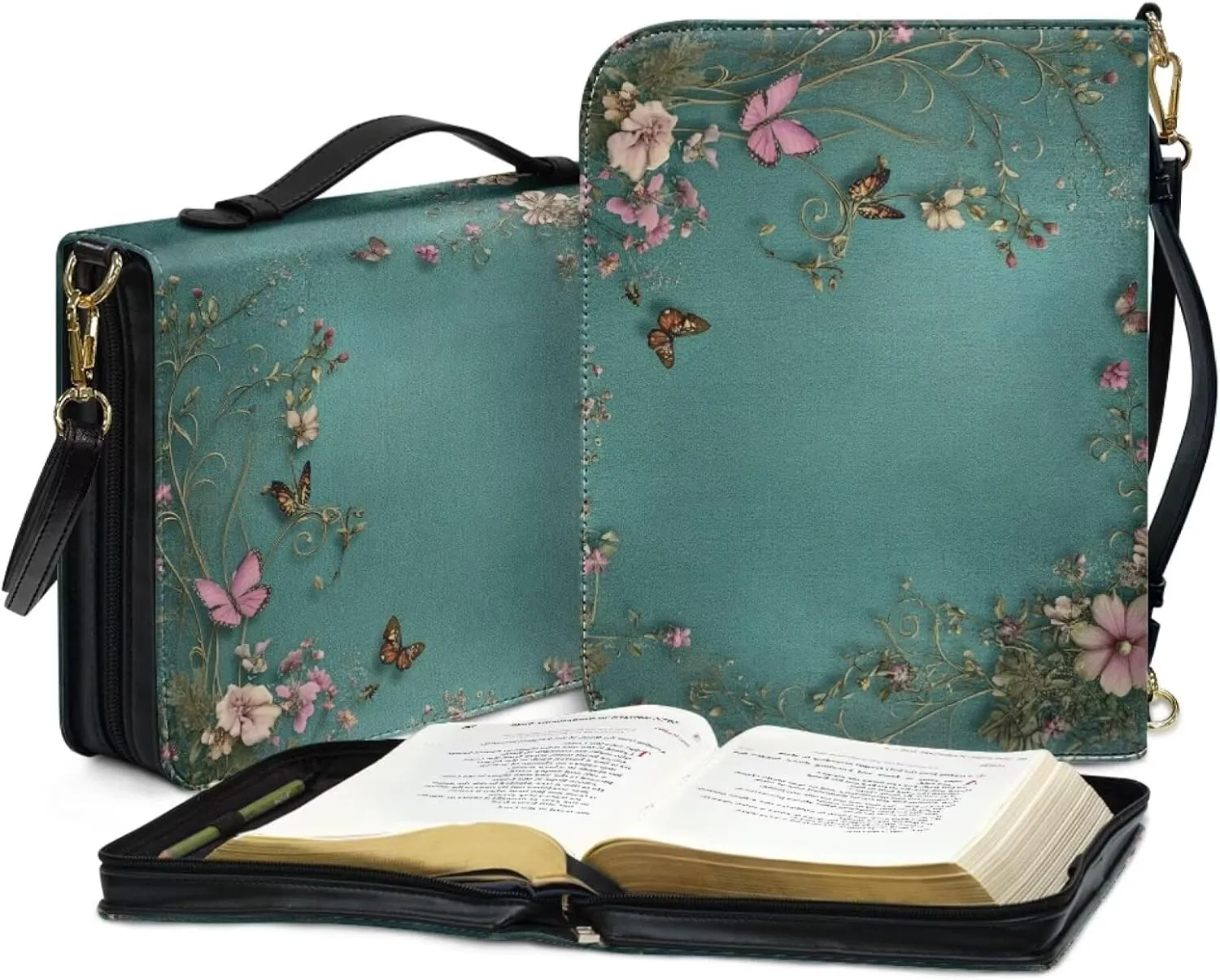 Green Bible Case Covers PU Leather Bible Carrying Holder with Handle and Zipper Pocket Study Bible Case for Women Crossbody Shoulder Bag,Colourful Butterflies and Pink Flowers,2XL