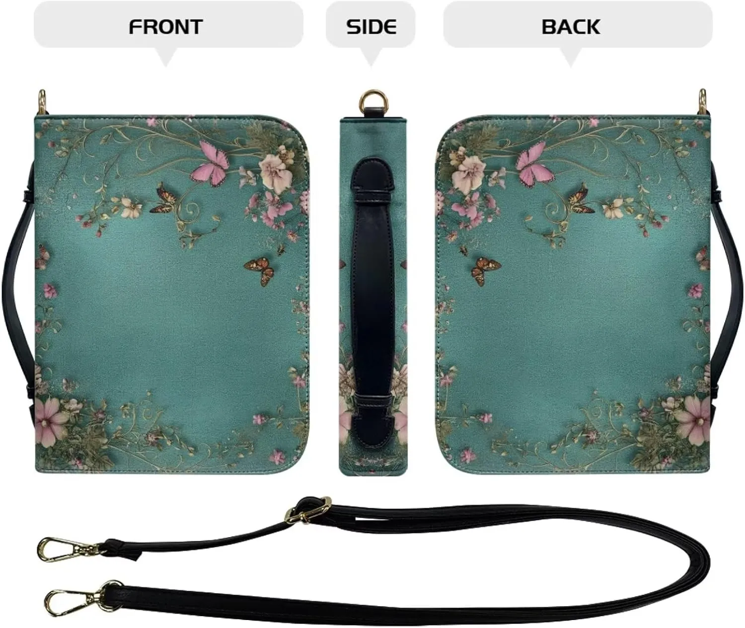 Green Bible Case Covers PU Leather Bible Carrying Holder with Handle and Zipper Pocket Study Bible Case for Women Crossbody Shoulder Bag,Colourful Butterflies and Pink Flowers,2XL