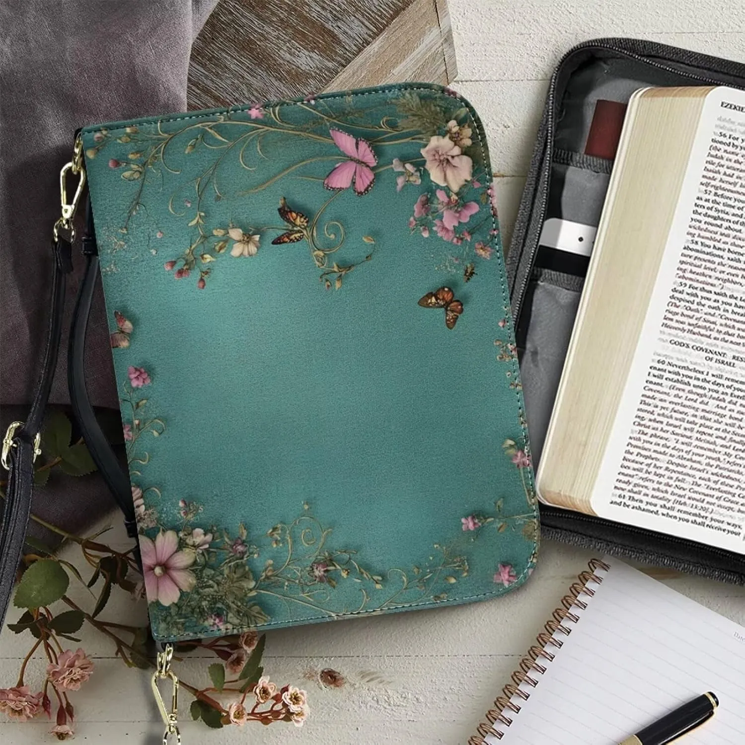 Green Bible Case Covers PU Leather Bible Carrying Holder with Handle and Zipper Pocket Study Bible Case for Women Crossbody Shoulder Bag,Colourful Butterflies and Pink Flowers,2XL