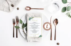Greenery Gold Wedding Menu Printable Template, Editable Instant Download, Menu Cards, DIY Dinner Menu  - Tara