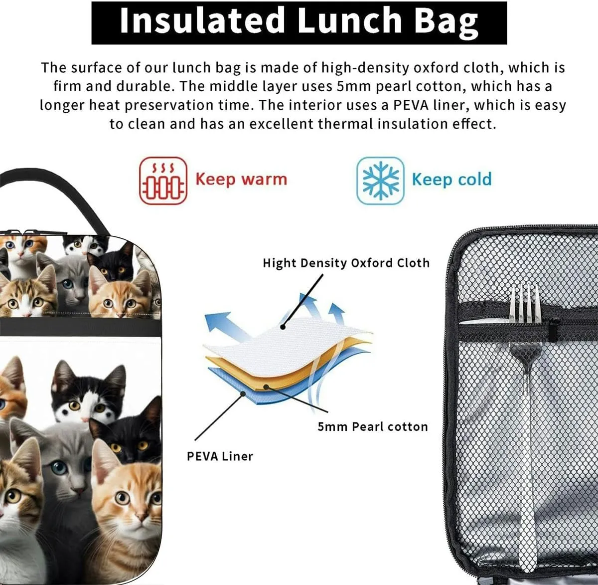 Group cats a white Can be used advertising and celebration Internation Insulated Iunch Bag for Men Woman Large Portable Waterproof Reusable Thermal Lunch Box with Pockets for Work Travel Picnic