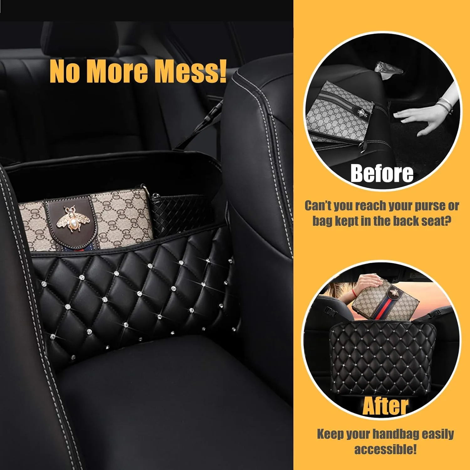 Guoord Bling Car Net Pocket PU Leather Handbag Holder for Mesh Organize