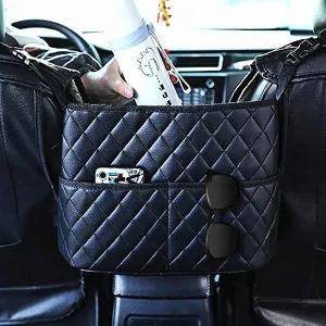 Guoord Car Seat Storage Bag - Upgrade-Black PU Leather Caddy Organizer for Additional Storage, Easy Installation, Safe Driving, Pet Barrier & Compatible with Most Front Opening Armrest Boxes