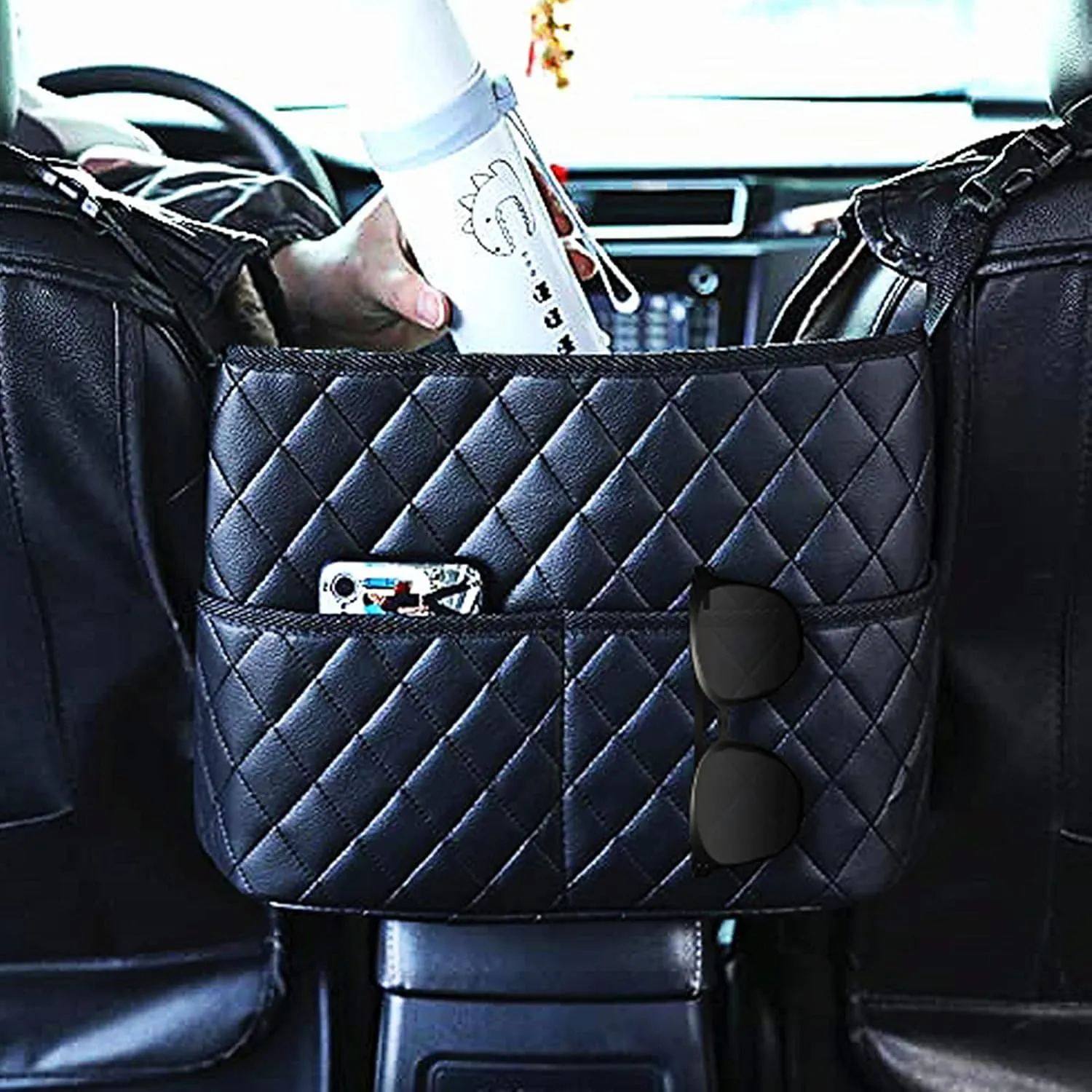 Guoord Car Seat Storage Bag - Upgrade-Black PU Leather Caddy Organizer for Additional Storage, Easy Installation, Safe Driving, Pet Barrier & Compatible with Most Front Opening Armrest Boxes