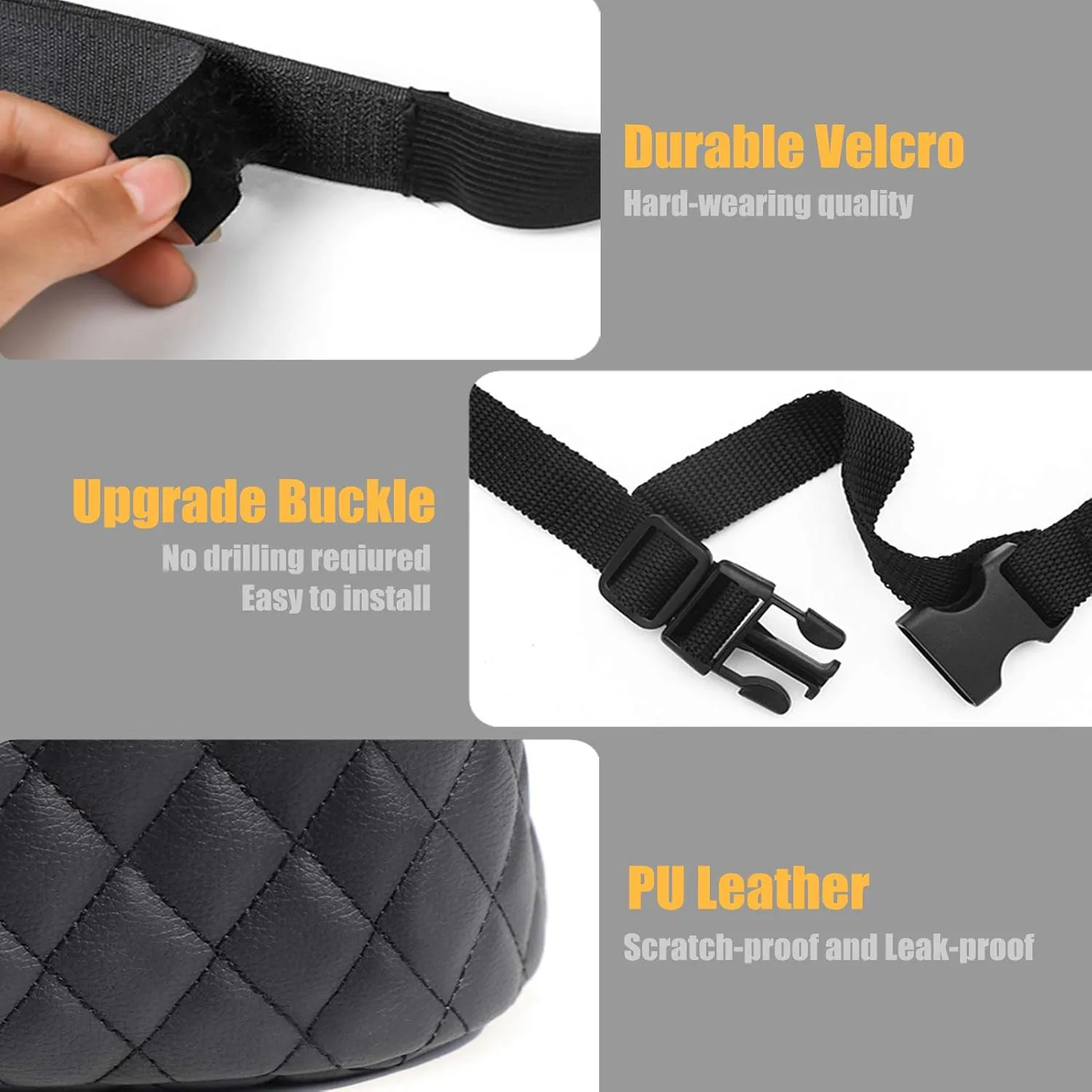 Guoord Car Seat Storage Bag - Upgrade-Black PU Leather Caddy Organizer for Additional Storage, Easy Installation, Safe Driving, Pet Barrier & Compatible with Most Front Opening Armrest Boxes