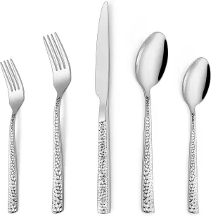 Hammered Silverware Set, 60 Pieces Stainless Steel Square Flatware Set for 12, Mirror Polished Tableware Cutlery Set for Home Kitchen Restaurant, Kitchen Utensils Set, Modern Design, Dishwasher Safe