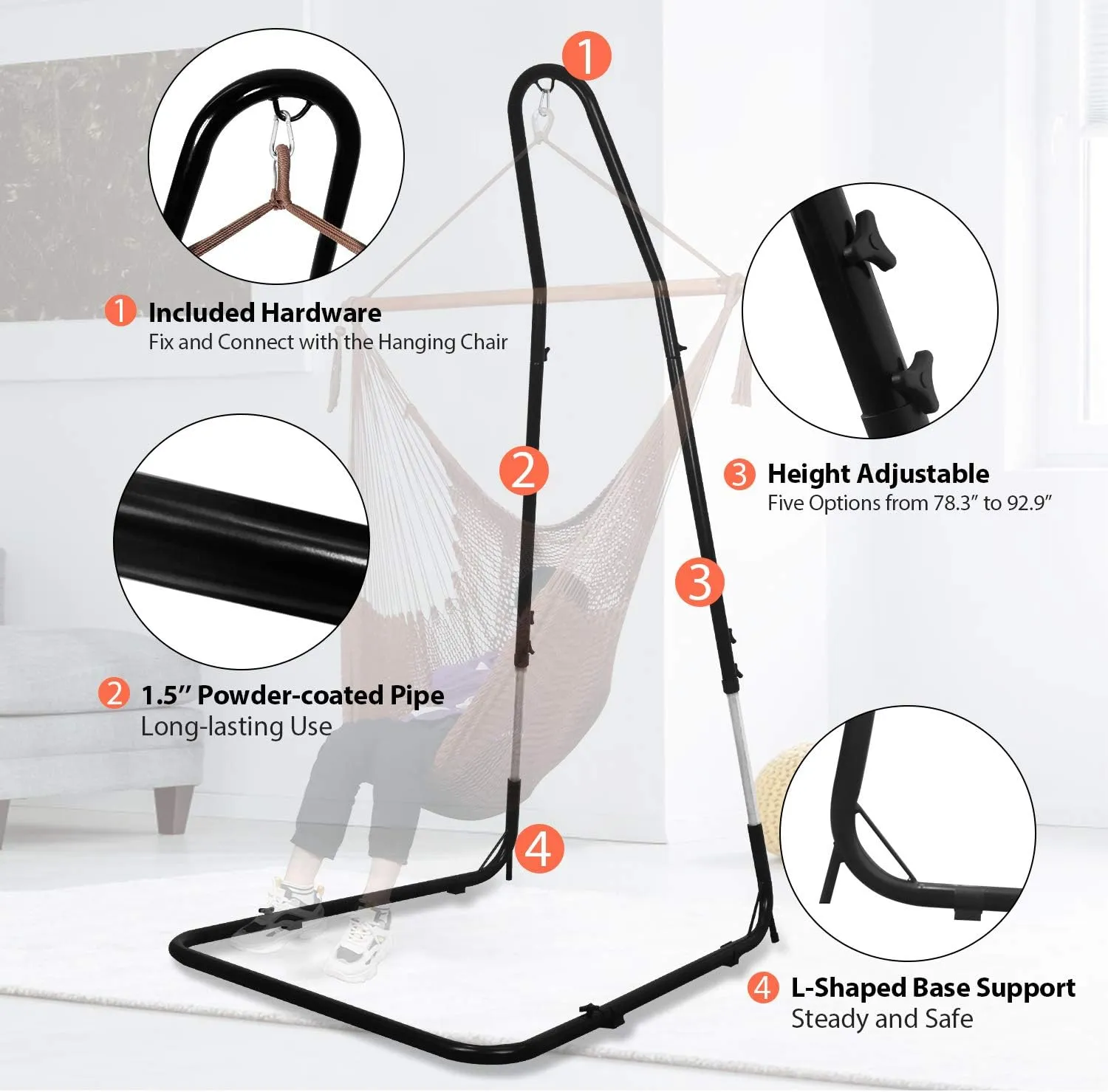 Hammock Chair Stand Only, Adjustable Height 79-93 Inch, 330 Lb Capacity, Heavy Duty Stand for Hammock Chair Solid Steel Structure Hanging Chair Stand with Powder Coated Finish, Indoor/Outdoor