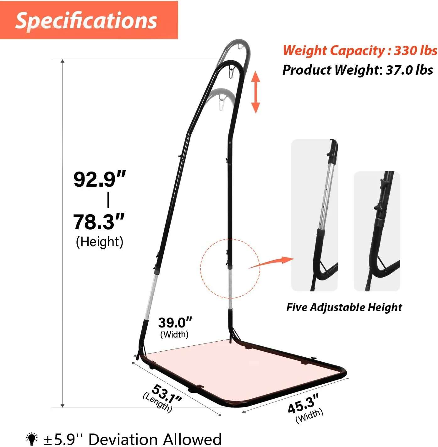Hammock Chair Stand Only, Adjustable Height 79-93 Inch, 330 Lb Capacity, Heavy Duty Stand for Hammock Chair Solid Steel Structure Hanging Chair Stand with Powder Coated Finish, Indoor/Outdoor