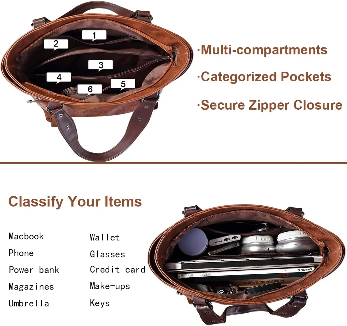 Handbags and Purses for Women Vegan Leather Tote Bag with Zipper Compartments Womens Shoulder Crossbody Satchel Bags