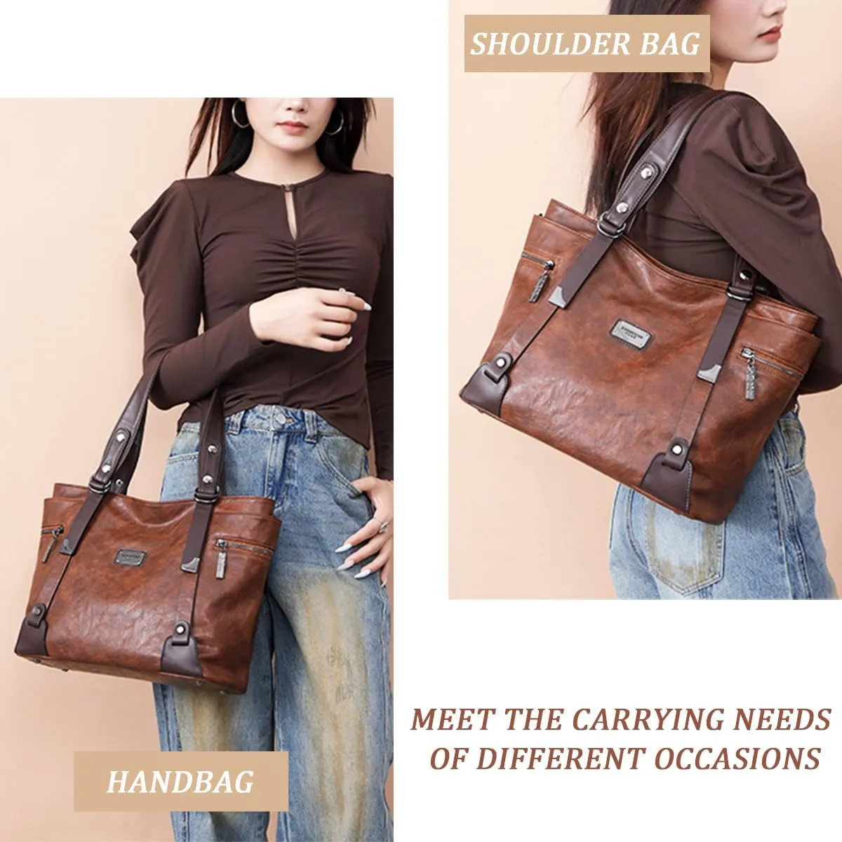 Handbags and Purses for Women Vegan Leather Tote Bag with Zipper Compartments Womens Shoulder Crossbody Satchel Bags