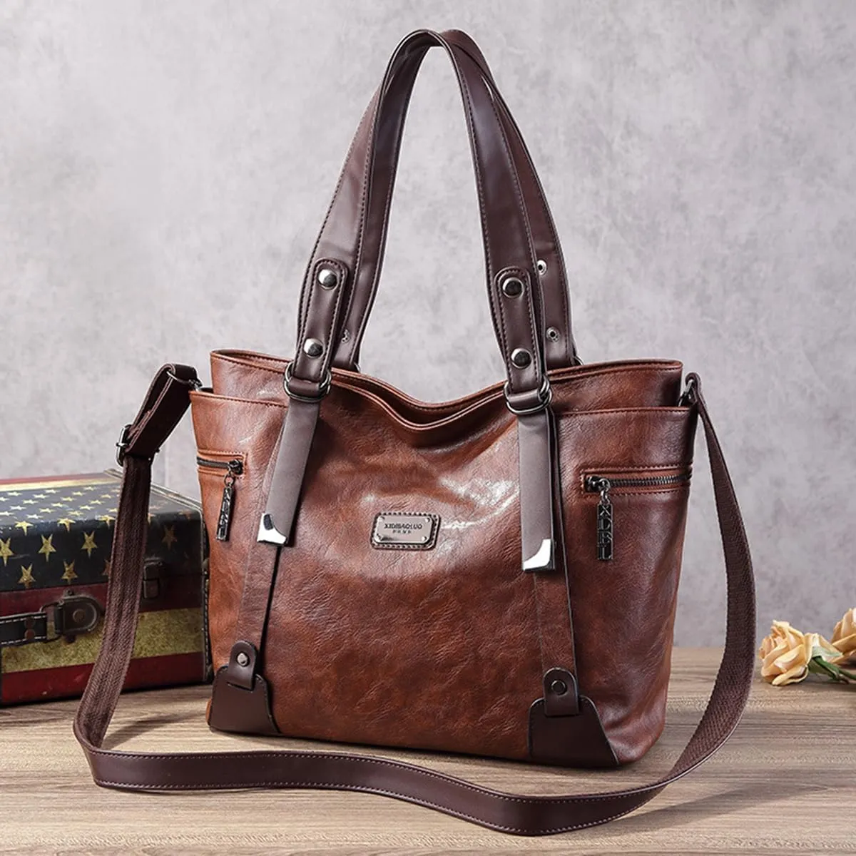Handbags and Purses for Women Vegan Leather Tote Bag with Zipper Compartments Womens Shoulder Crossbody Satchel Bags