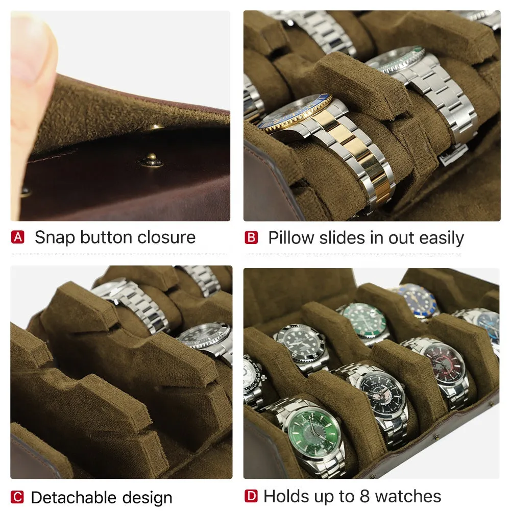 Handmade Crazy Horse Leather 8 Slots Watch Organizer