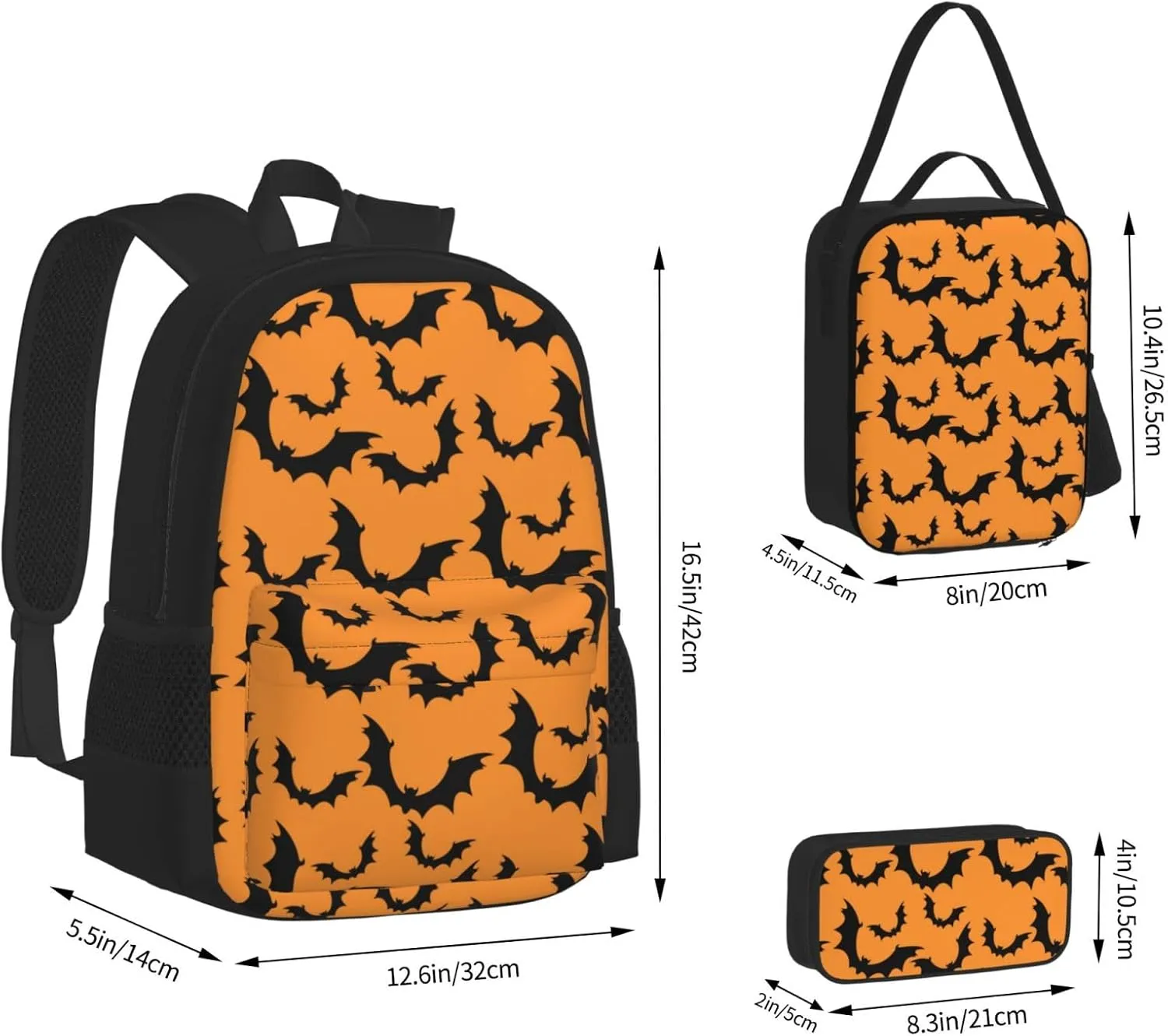 happy halloween black bats Multifunctional Pocket Backpack Crossbody Lunch Bag Pencil Case 3Pcs Set Large Capacity Backpack