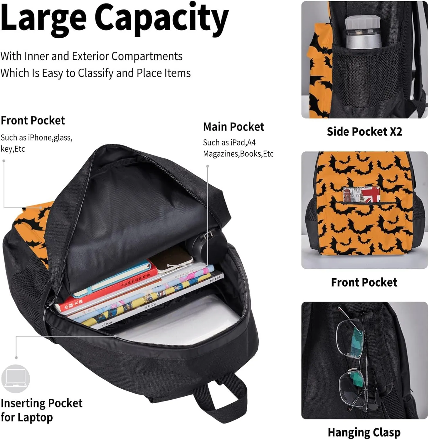 happy halloween black bats Multifunctional Pocket Backpack Crossbody Lunch Bag Pencil Case 3Pcs Set Large Capacity Backpack