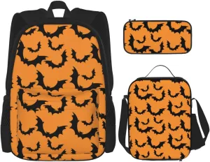happy halloween black bats Multifunctional Pocket Backpack Crossbody Lunch Bag Pencil Case 3Pcs Set Large Capacity Backpack