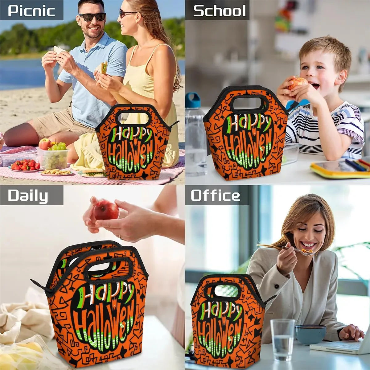 Happy Halloween Topic Lunch Tote Bag Reusable Insulated Lunch Box for Women Men Soft Lightweight Leakproof Portable Meal Prep Bags for Work Office Picnic Travel Beach
