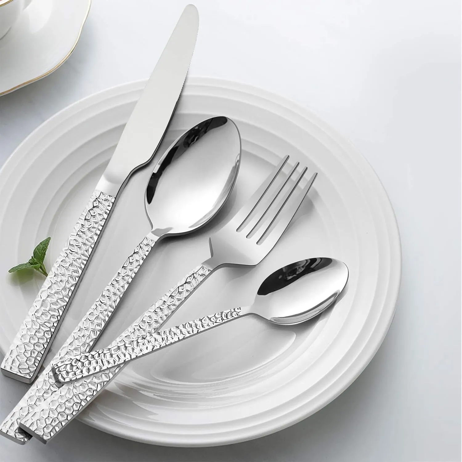 HaWare Hammered Silverware Set, 40-Piece Stainless Steel Flatware for 8, Eating Utensils Tableware Cutlery for Kitchen Hotel Restaurant Party, Mirror Polished - Dishwasher Safe