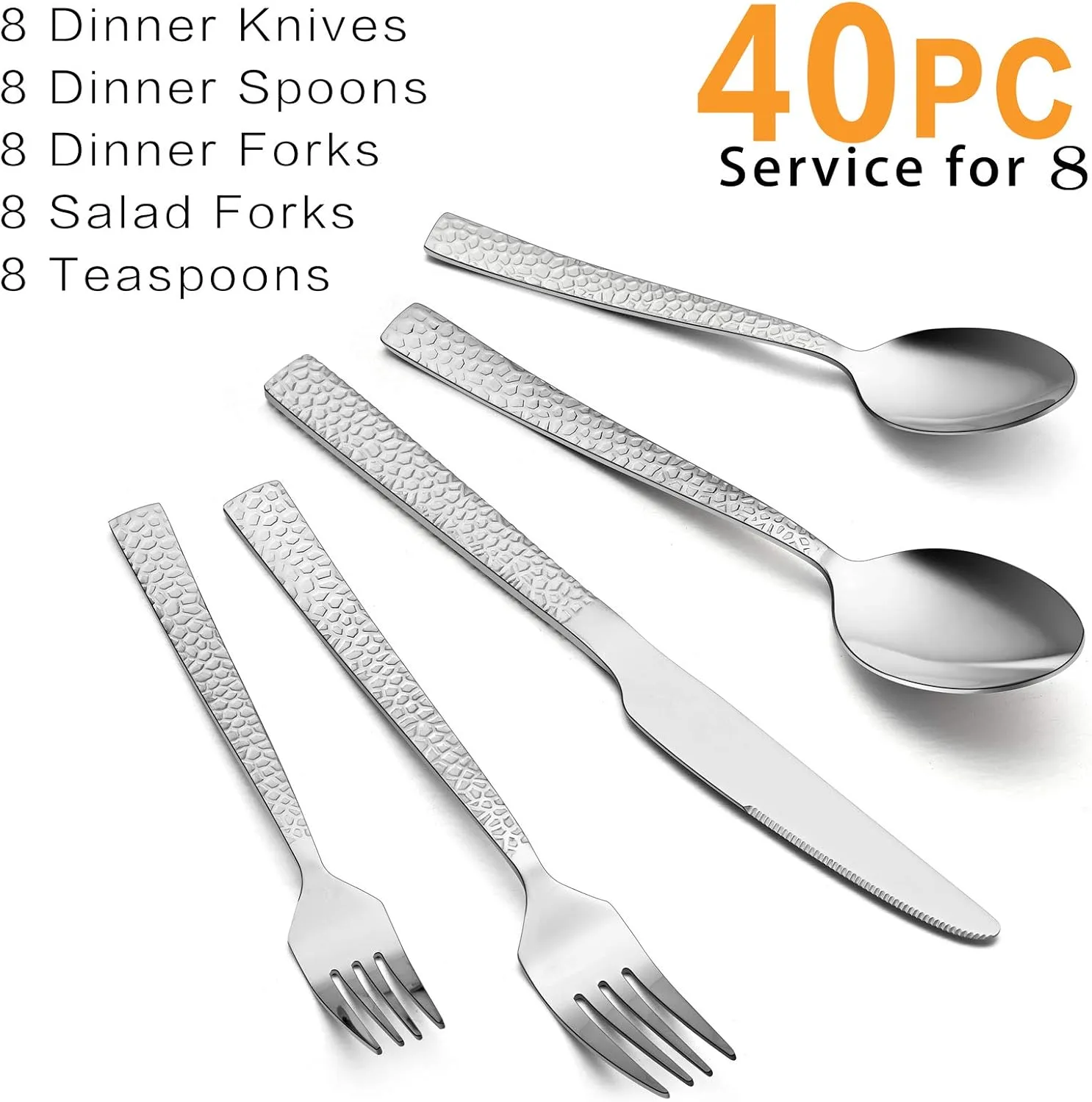 HaWare Hammered Silverware Set, 40-Piece Stainless Steel Flatware for 8, Eating Utensils Tableware Cutlery for Kitchen Hotel Restaurant Party, Mirror Polished - Dishwasher Safe