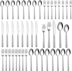 HaWare Hammered Silverware Set, 40-Piece Stainless Steel Flatware for 8, Eating Utensils Tableware Cutlery for Kitchen Hotel Restaurant Party, Mirror Polished - Dishwasher Safe