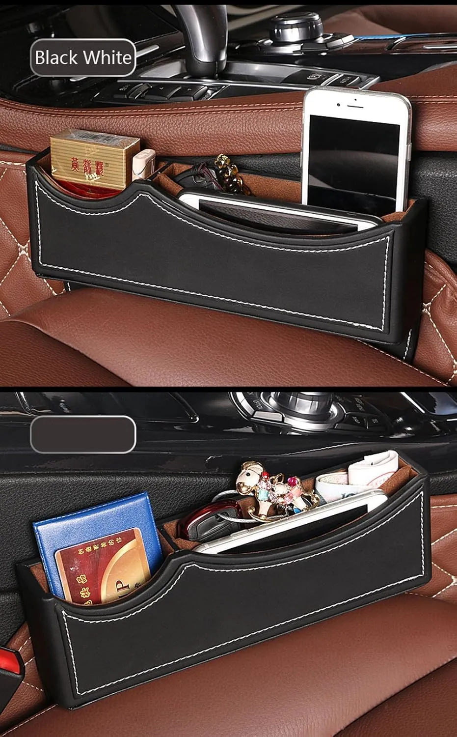 High Class PU Leather Car Seat Gap Filler,Car Seat Catcher Organizer (Black White)