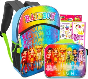 High School Backpack and Lunch Set - Bundle with Rainbow High 16 Inch Backpack and Lunch Bag Plus Shopkins Stickers and More (Girls School Supplies)