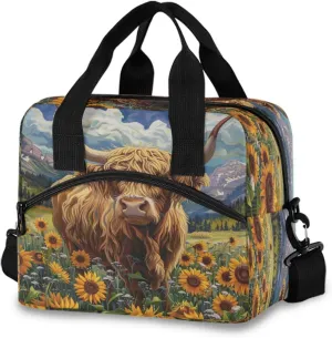 Highland Cow in Sunflowers Field Lunch Box for Men Women Adults Insulated Lunch Bag Cooler Bag with Adjustable Shoulder Strap for Work Picnic Travel