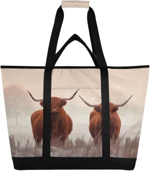Highland Cows Reusable Insulated Lunchbox Cooler Bag, Leakproof Kitchen Grocery Bag Collapsible Portable Cooler Tote Bag for Picnic, Camping, Office, Travel