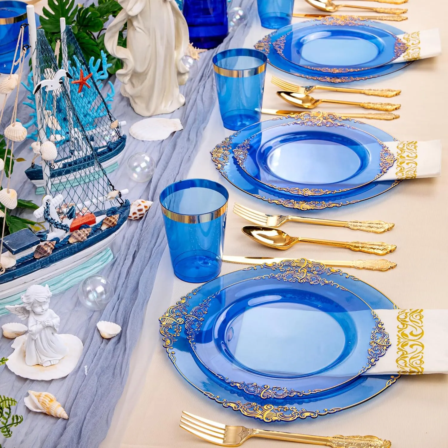 Hioasis 210PCS Blue Plastic Plates - Blue Plastic Dinnerware Sets for 30 Guests include 30 Dinner Plates 30 Dessert Plates 30 Rolled Napkins with Cutlery 30 Cups for Wedding & Sea Party & Father's Day