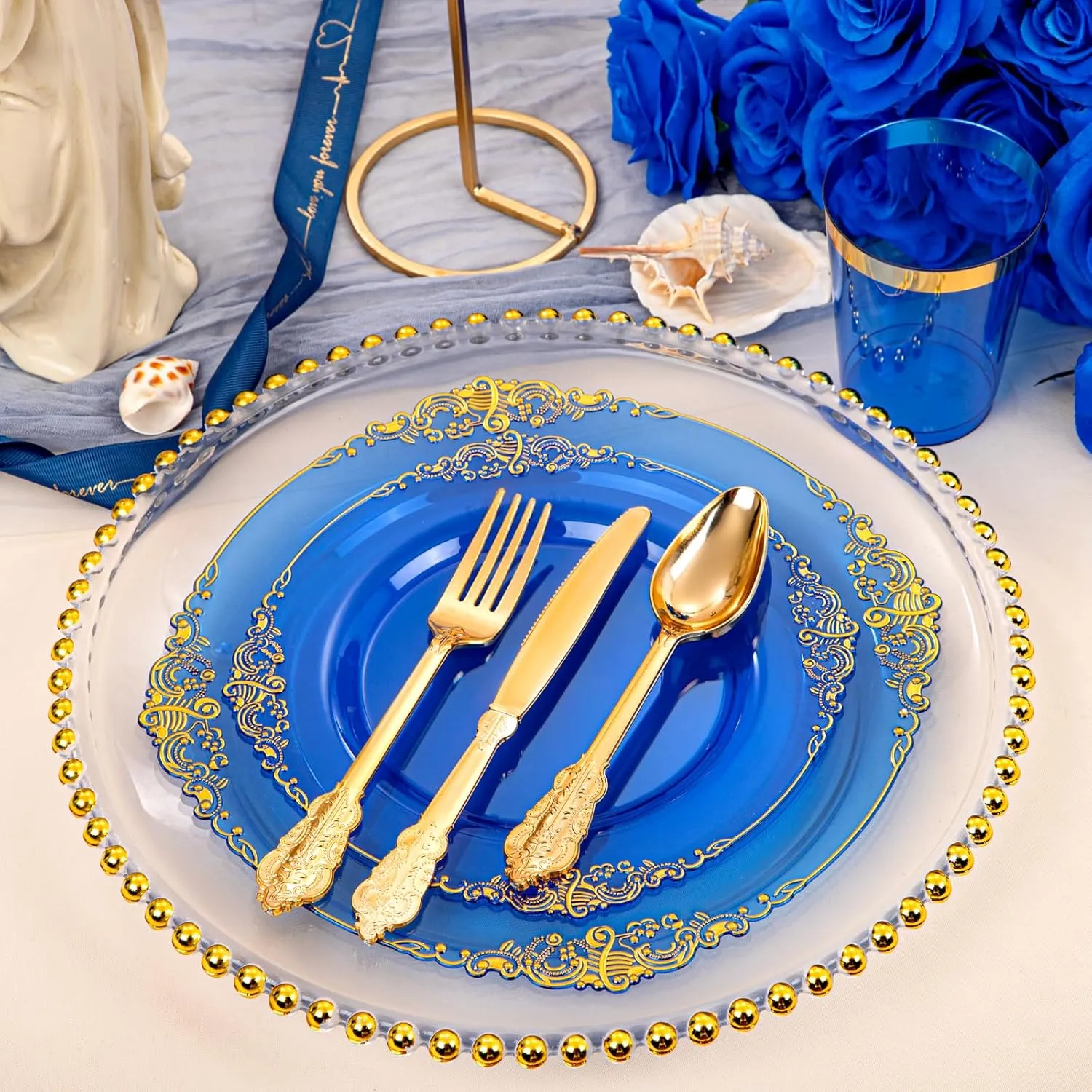Hioasis 210PCS Blue Plastic Plates - Blue Plastic Dinnerware Sets for 30 Guests include 30 Dinner Plates 30 Dessert Plates 30 Rolled Napkins with Cutlery 30 Cups for Wedding & Sea Party & Father's Day