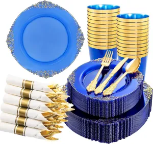 Hioasis 210PCS Blue Plastic Plates - Blue Plastic Dinnerware Sets for 30 Guests include 30 Dinner Plates 30 Dessert Plates 30 Rolled Napkins with Cutlery 30 Cups for Wedding & Sea Party & Father's Day