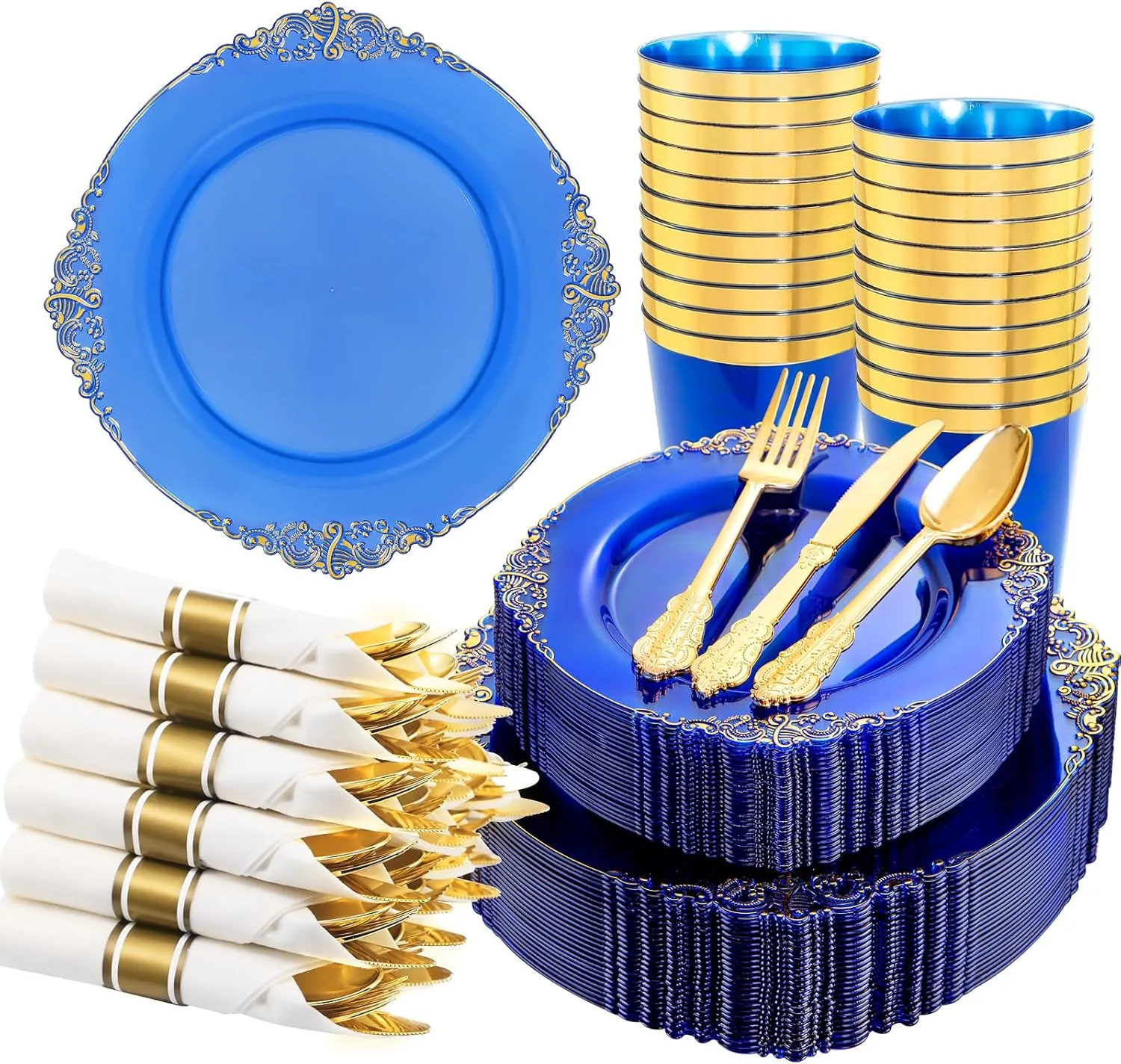 Hioasis 210PCS Blue Plastic Plates - Blue Plastic Dinnerware Sets for 30 Guests include 30 Dinner Plates 30 Dessert Plates 30 Rolled Napkins with Cutlery 30 Cups for Wedding & Sea Party & Father's Day