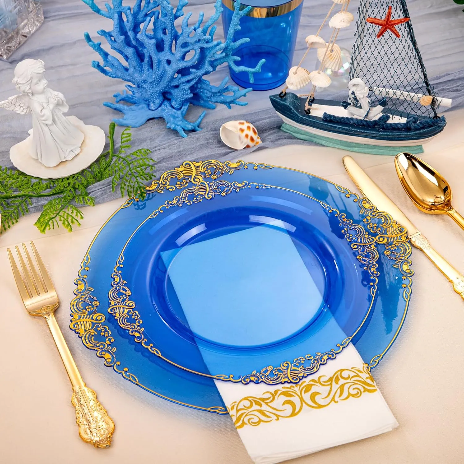 Hioasis 210PCS Blue Plastic Plates - Blue Plastic Dinnerware Sets for 30 Guests include 30 Dinner Plates 30 Dessert Plates 30 Rolled Napkins with Cutlery 30 Cups for Wedding & Sea Party & Father's Day