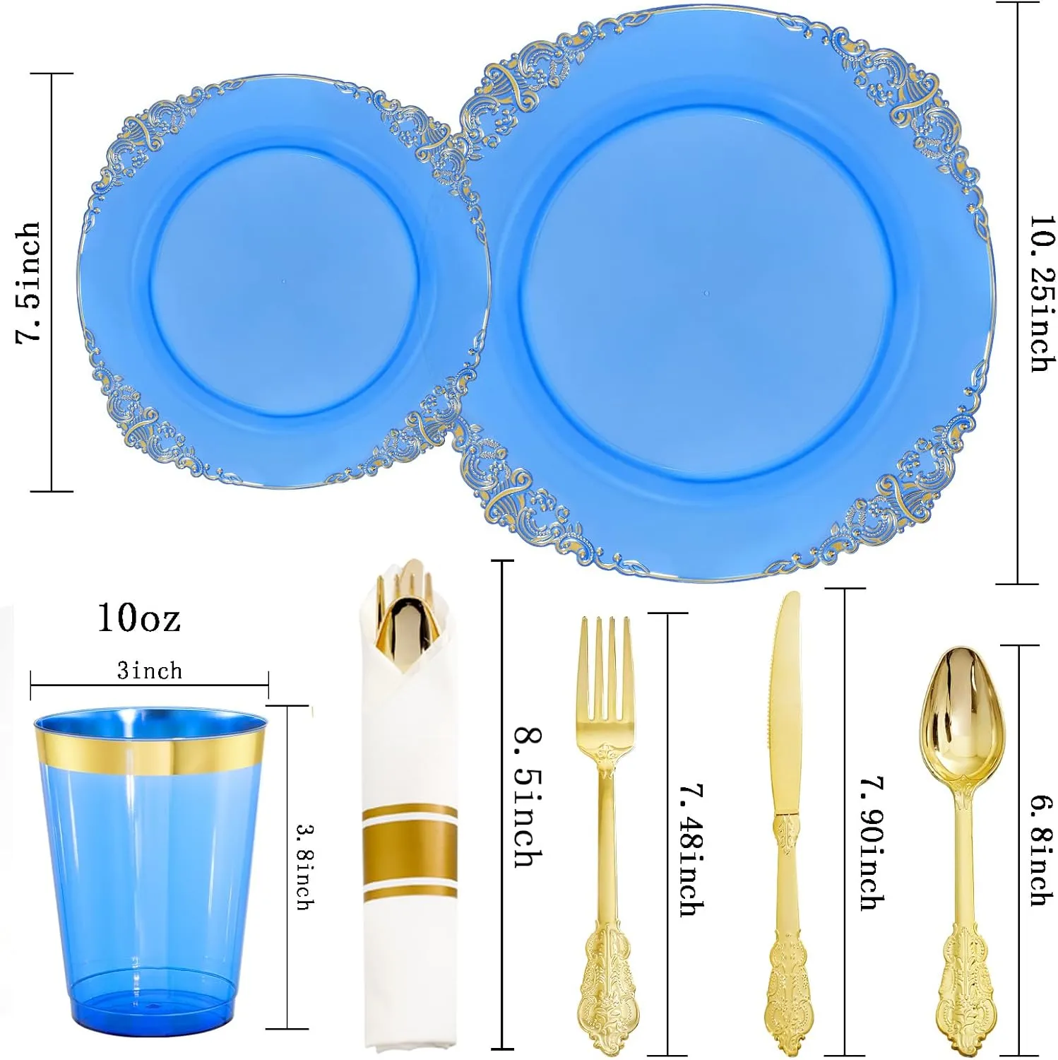 Hioasis 210PCS Blue Plastic Plates - Blue Plastic Dinnerware Sets for 30 Guests include 30 Dinner Plates 30 Dessert Plates 30 Rolled Napkins with Cutlery 30 Cups for Wedding & Sea Party & Father's Day