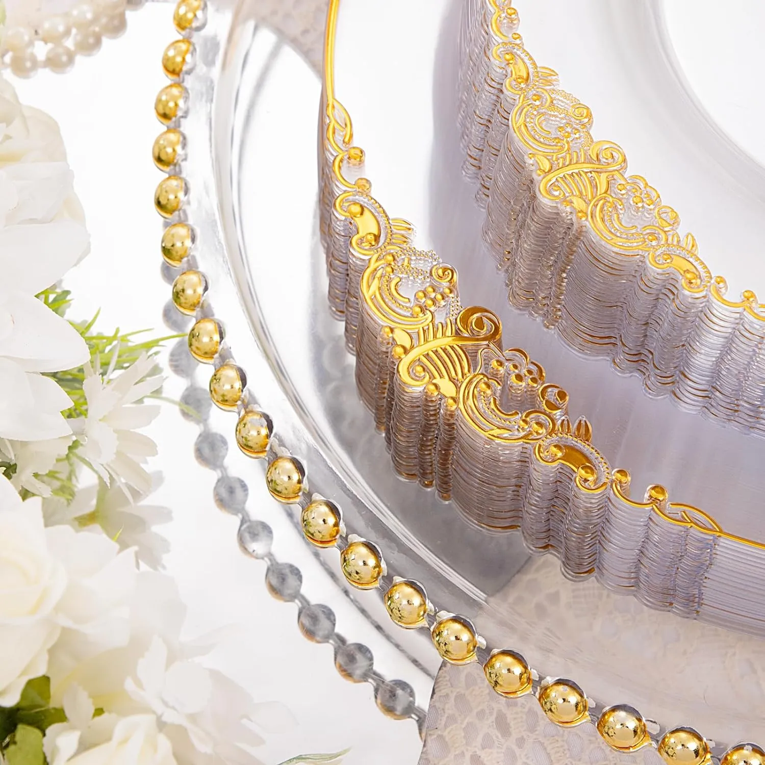 Hioasis 210pcs Clear Gold Plastic Plates - Clear Disposable Plates with Gold Trim, Plastic Dinnerware Set Includes Dinner Plates, Dessert Plates, Cups, Rolled Napkin with Cutlery for Weddding, Party