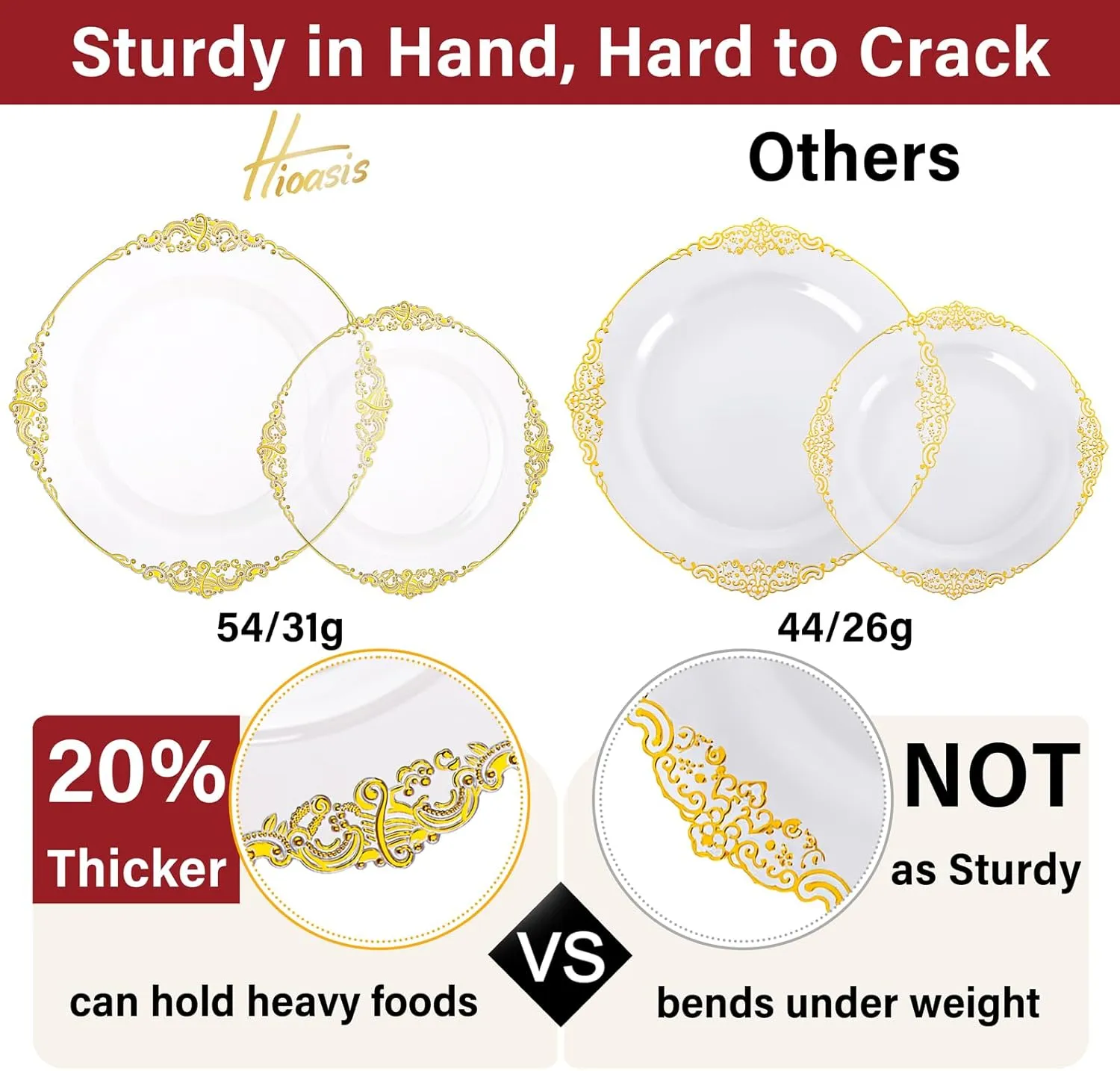 Hioasis 210pcs Clear Gold Plastic Plates - Clear Disposable Plates with Gold Trim, Plastic Dinnerware Set Includes Dinner Plates, Dessert Plates, Cups, Rolled Napkin with Cutlery for Weddding, Party