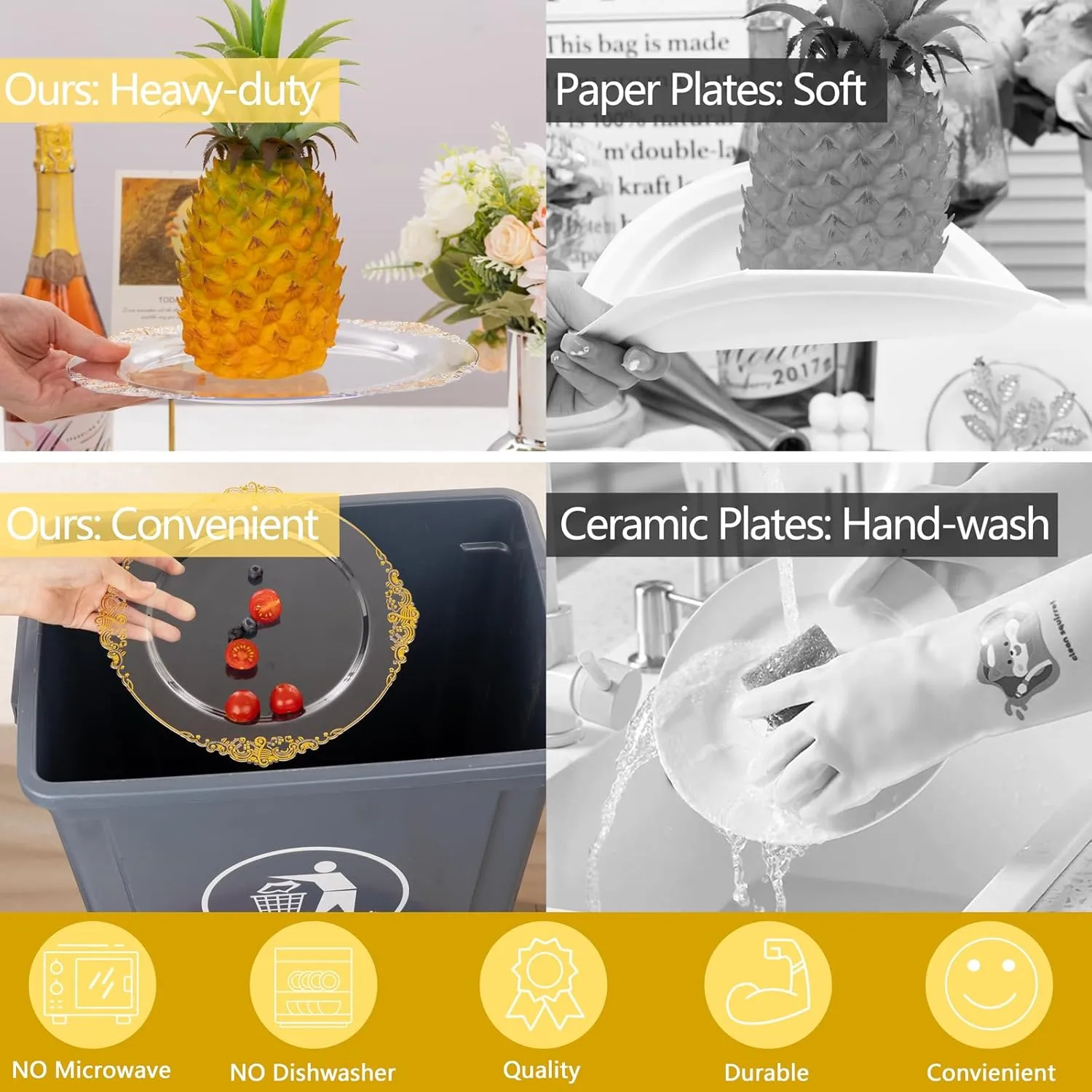 Hioasis 210pcs Clear Gold Plastic Plates - Clear Disposable Plates with Gold Trim, Plastic Dinnerware Set Includes Dinner Plates, Dessert Plates, Cups, Rolled Napkin with Cutlery for Weddding, Party