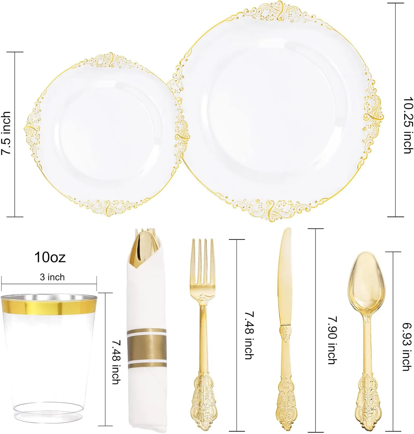 Hioasis 210pcs Clear Gold Plastic Plates - Clear Disposable Plates with Gold Trim, Plastic Dinnerware Set Includes Dinner Plates, Dessert Plates, Cups, Rolled Napkin with Cutlery for Weddding, Party