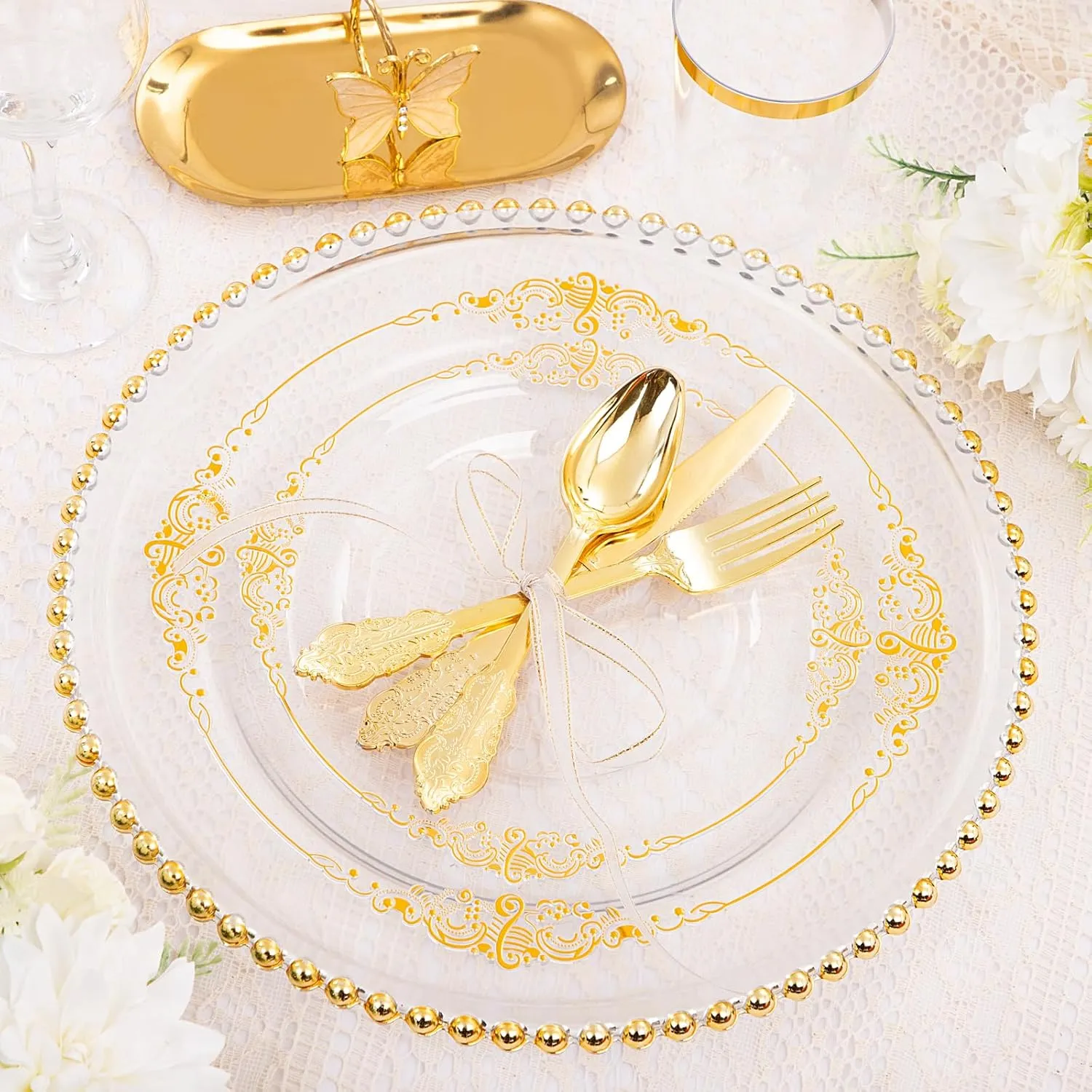 Hioasis 210pcs Clear Gold Plastic Plates - Clear Disposable Plates with Gold Trim, Plastic Dinnerware Set Includes Dinner Plates, Dessert Plates, Cups, Rolled Napkin with Cutlery for Weddding, Party