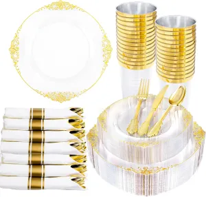 Hioasis 210pcs Clear Gold Plastic Plates - Clear Disposable Plates with Gold Trim, Plastic Dinnerware Set Includes Dinner Plates, Dessert Plates, Cups, Rolled Napkin with Cutlery for Weddding, Party