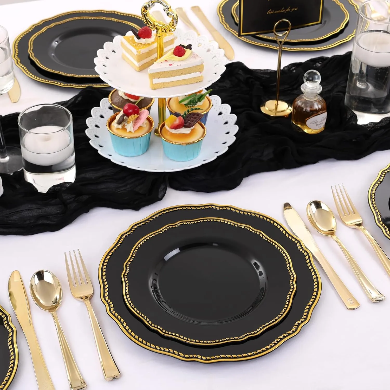 Hioasis 60pcs Black Plastic Plates - Black and Gold Disposable Plates, 10.25 inch Plastic Dinner Plates, Perfect for Wedding & Party & Father's Day