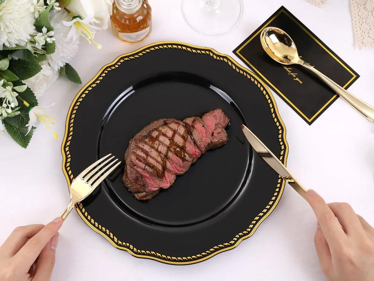 Hioasis 60pcs Black Plastic Plates - Black and Gold Disposable Plates, 10.25 inch Plastic Dinner Plates, Perfect for Wedding & Party & Father's Day