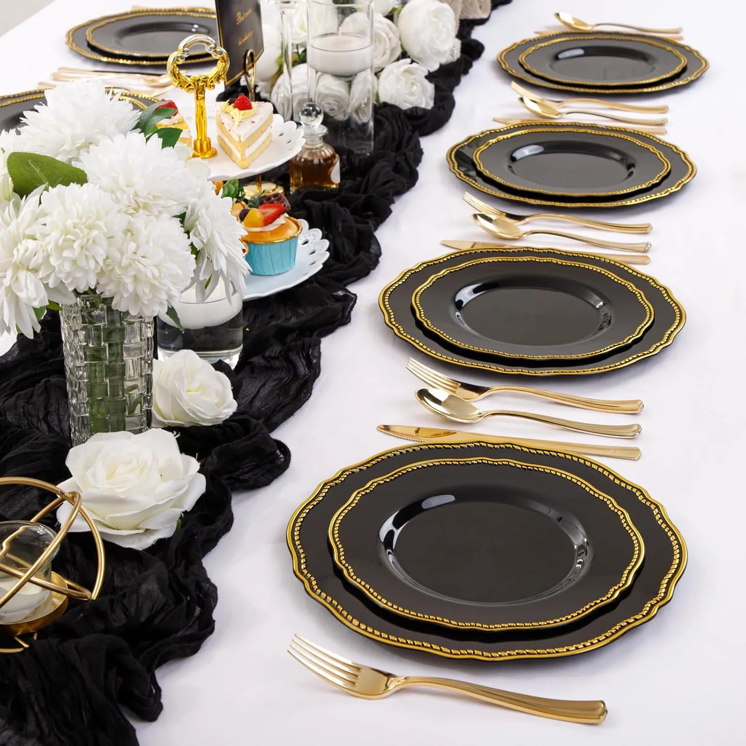 Hioasis 60pcs Black Plastic Plates - Black and Gold Disposable Plates, 10.25 inch Plastic Dinner Plates, Perfect for Wedding & Party & Father's Day