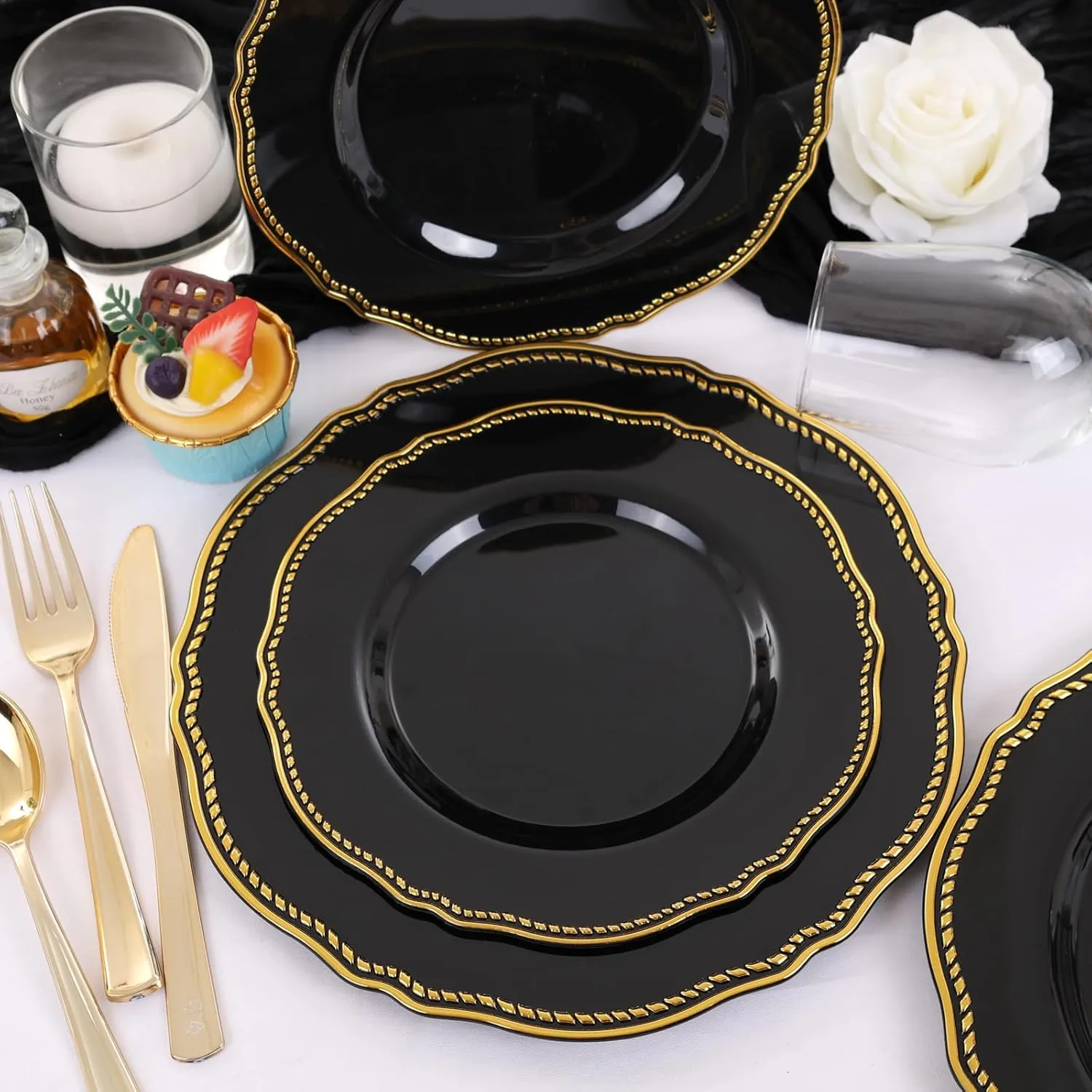 Hioasis 60pcs Black Plastic Plates - Black and Gold Disposable Plates, 10.25 inch Plastic Dinner Plates, Perfect for Wedding & Party & Father's Day
